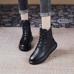 Women's Genuine Black Leather Martin Boots, Versatile British Style Windproof Thick Sole, 2022 Autumn/Winter Heeled Slimming Shoes, Ins Trendy