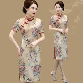 品质夏季短袖新款旗袍中长款中年女装连衣裙中国风复古改良旗袍