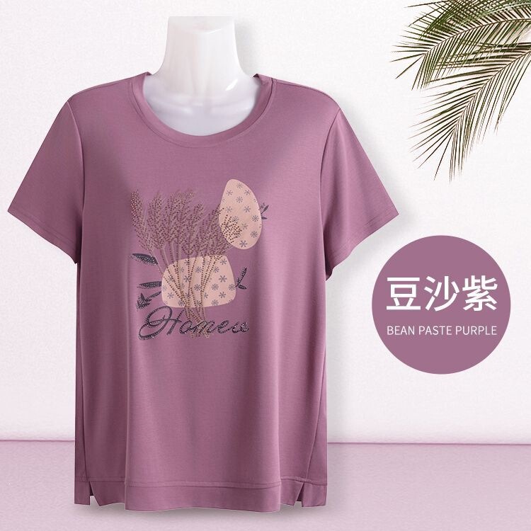 Mom's Tencel Cotton Short-Sleeve T-Shirt, Plus-Size Summer Wear for Middle-Aged and Elderly Women, Grandma's Thin Half-Sleeve Top, Senior's Sweatshirt