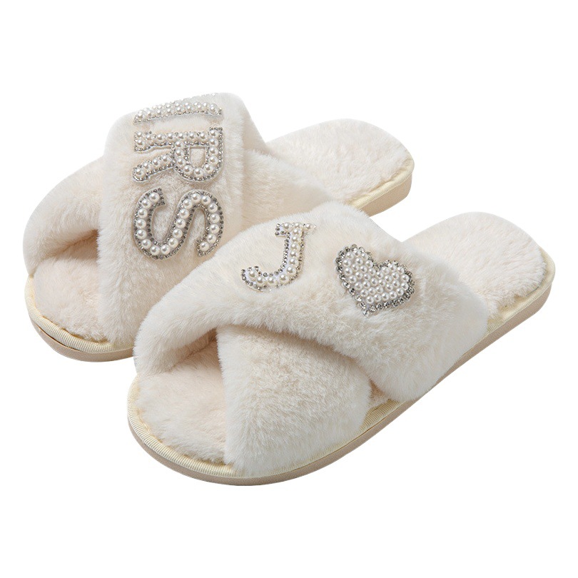MRS New plush slippers women fleece thickened home cotton slippers cross-border explosion wedding fluffy slippers Indoor