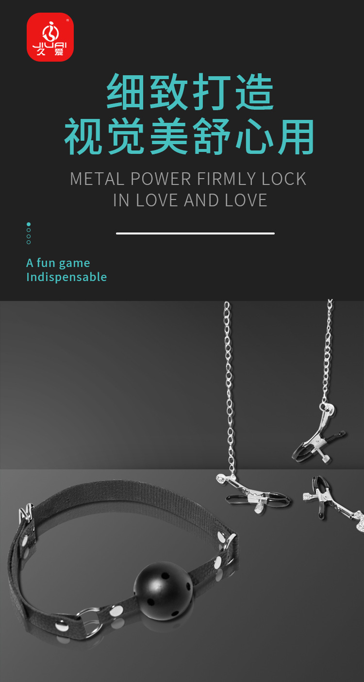 SM Mouth Gag and Nipple Clamps Set with Bondage Straps in Metal and Leather — detail image 15