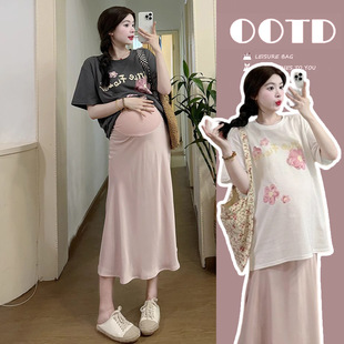 Pregnant women's summer Korean fashion loose belly-covering short-sleeved jacket casual outerwear belly-supporting skirt hot mom set