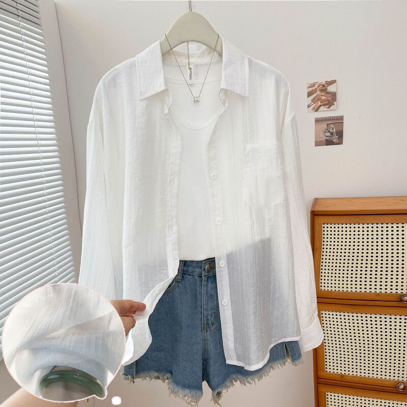 Summer New Style Textured Lightweight Semi-Sheer Shirt, Korean Style Simple and Lazy Style, Loose Fit, Slimming, Versatile Casual Shirt Summer New Style Textured Lightweight Semi-Sheer Shirt, Korean Style Simple and Lazy Style, Loose Fit, Slimming, Versatile Casual Shirt