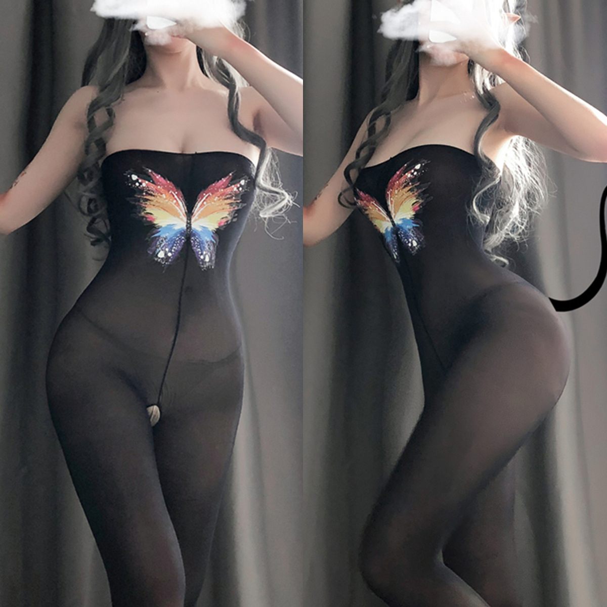 sexy lingerie women‘s butterfly printed stockings one-piece sexy stockings one piece sexy transparent temptation open files socks 8891