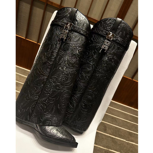 European and American style new wedge heel pointed-toe metal buckle black printed pant boot export market large size sleeve long tube women's boots