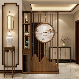 New Chinese Style Solid Wood Screen Partition Living Room Entrance Door Entrance Cabinet Shaded Storage Rack Flower Lattice Hollow Office Vintage