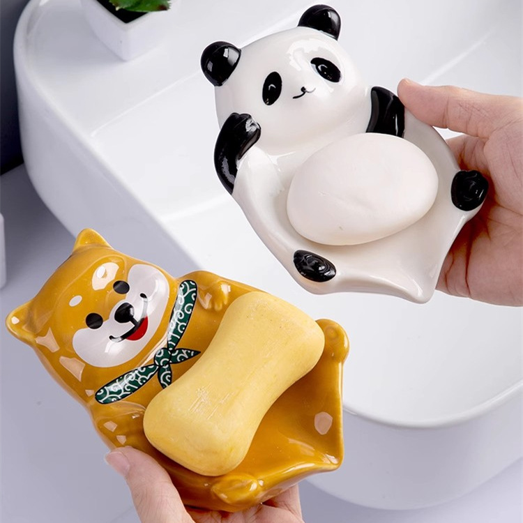 Cute Panda Ceramic Soap Box Storage High Color Value Cartoon Soap Box Toilet Drain Storage Rack Soap Dish