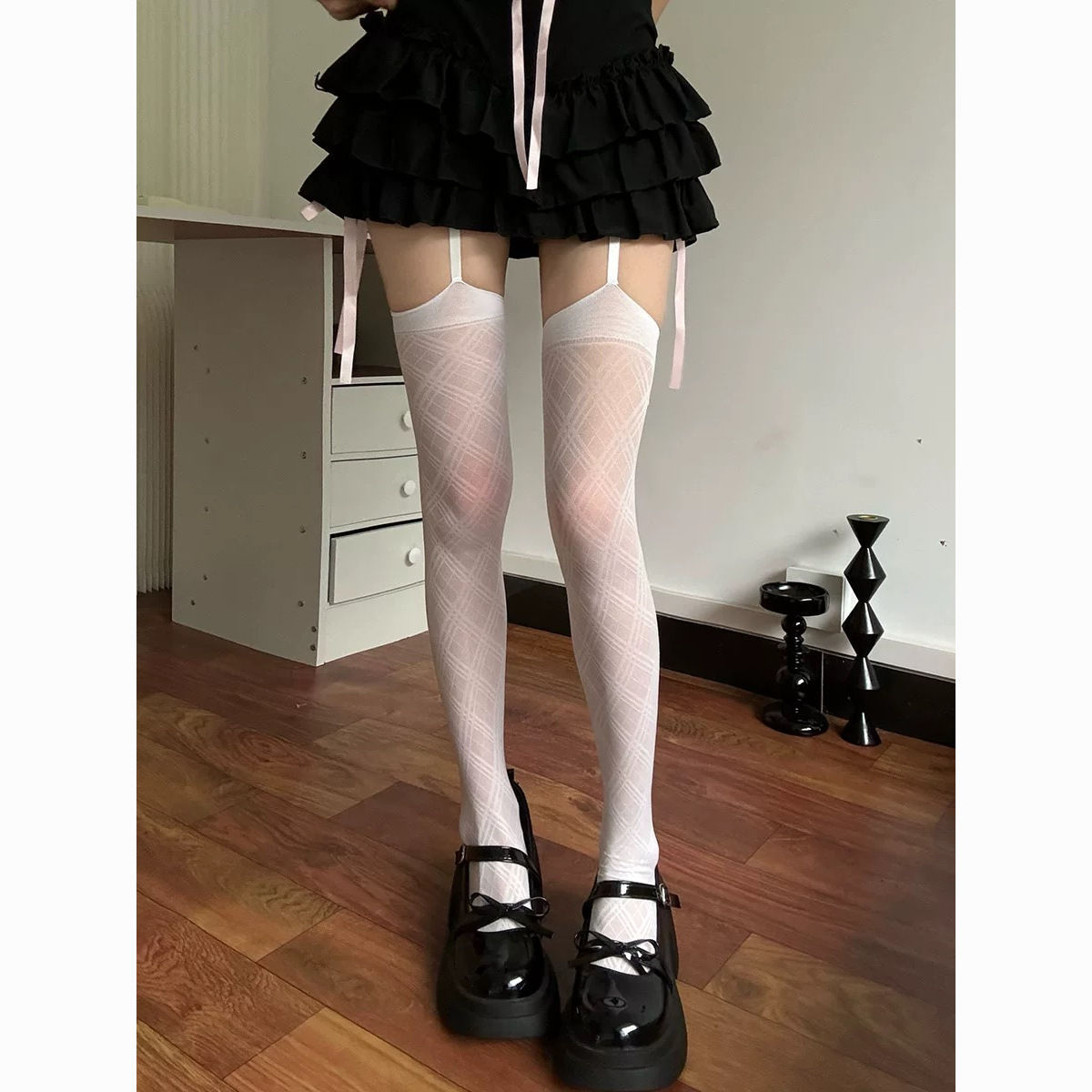 Subculture Y2K Sexy Rhombus Stockings Women's Thin Sexy Black Suspender Stockings Japanese Style Jk Over-The-Knee Socks