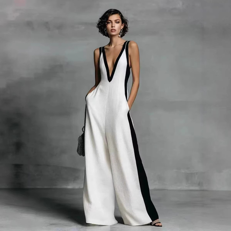 Cross-Border European and American 2026 Summer New Fashion Sleeveless Women's V-Neck Color-Block Wide-Leg Jumpsuit