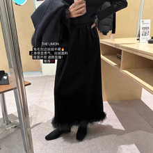 十三行秋质感拼接兔毛丝绒半身裙后开衩显瘦高贵精致感加绒保暖冬