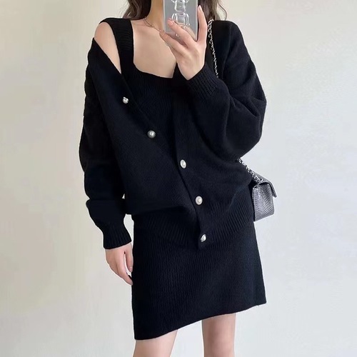 Korean Chic Autumn/Winter Retro Cardigan Long-Sleeve Knitted Sweater Coat + Square-Neck Slimming Strap Dress