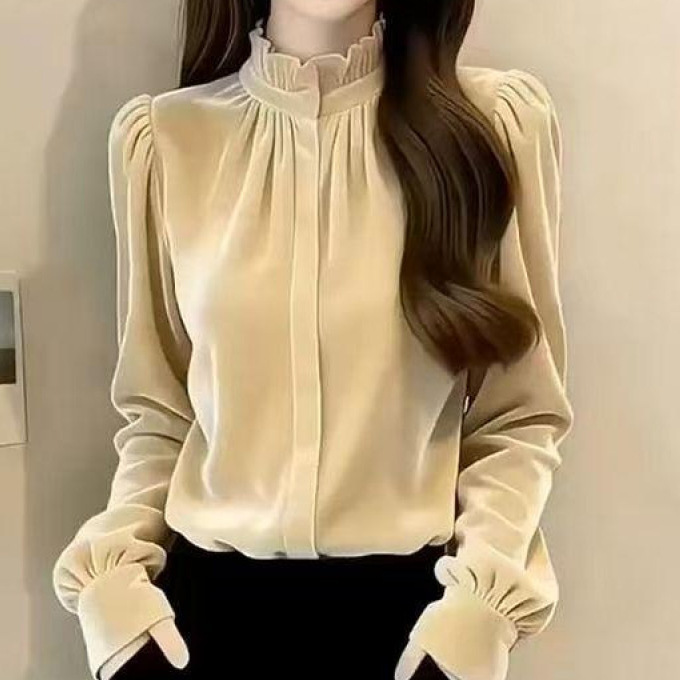 Elegant Velvet Long-Sleeve Shirt for Women, Autumn and Winter Season, Stand-Up Collar, Ruffled Edge, Inner Layer Shirt, French Style, Light Luxury, High-End Feel Top Elegant Velvet Long-Sleeve Shirt for Women, Autumn and Winter Season, Stand-Up Collar, Ruffled Edge, Inner Layer Shirt, French Style, Light Luxury, High-End Feel Top