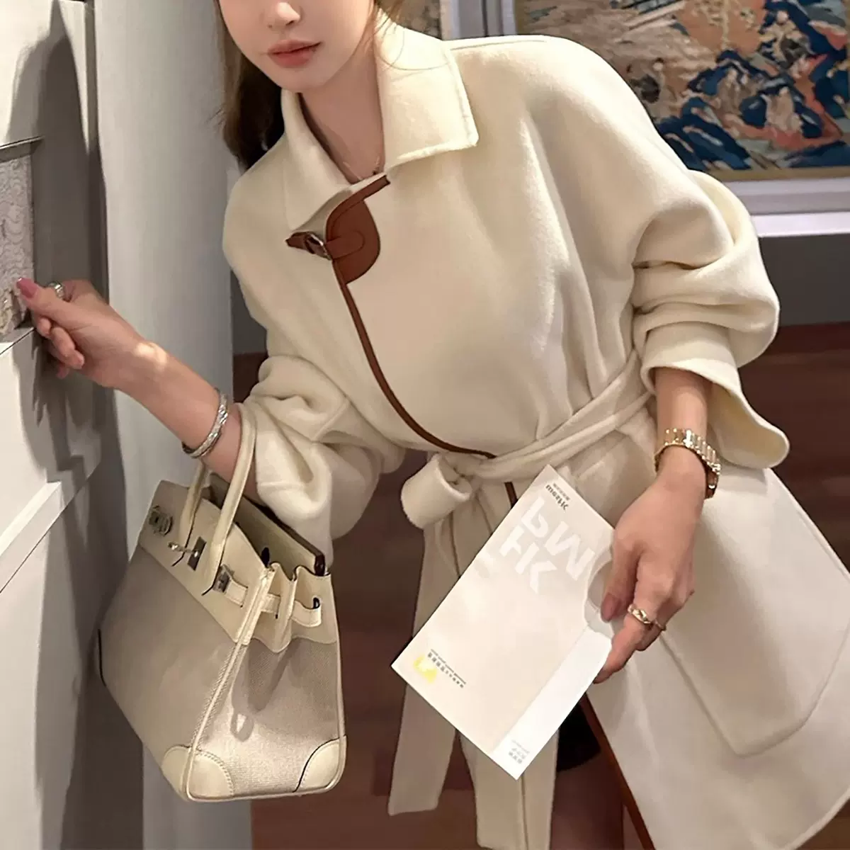 现货「羊绒大衣」皮袢双面呢女中长款毛呢外套冬新款气质显瘦大衣