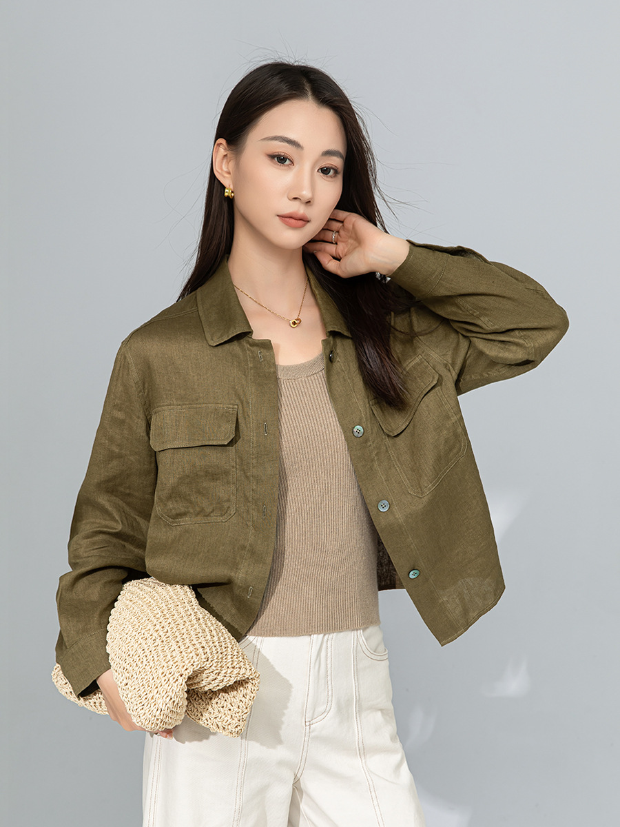 Áo sơ mi nữ vải lanh mỏng cổ polo tay dài rộng rãi phong cách xuân hè — Xanh ô liu