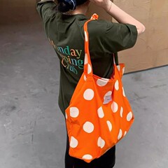 夏休みカジュアルオレンジ水玉キャンバスバッグショルダープリントバッグバッグ大容量多用途ファッショナブルなショッピングバッグ