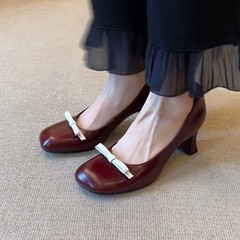 蝴蝶结粗跟单鞋粗跟鞋女秋季新款里外全皮圆头粗跟单鞋女浅口单鞋