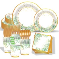 亚马逊烫金植物主题派对聚会用品套装一次性纸杯纸盘纸巾餐具批发