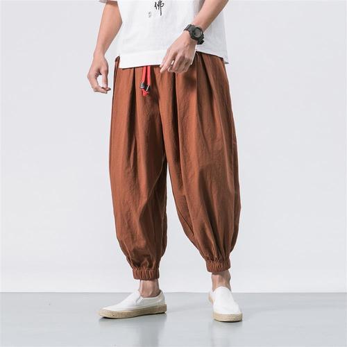 2024 New Lantern Pants Fat Super Large Code Loose Cotton Linen Tied-Angle Pants Men Wide Leg Pants Harem Nine-Tenths Casual Pants