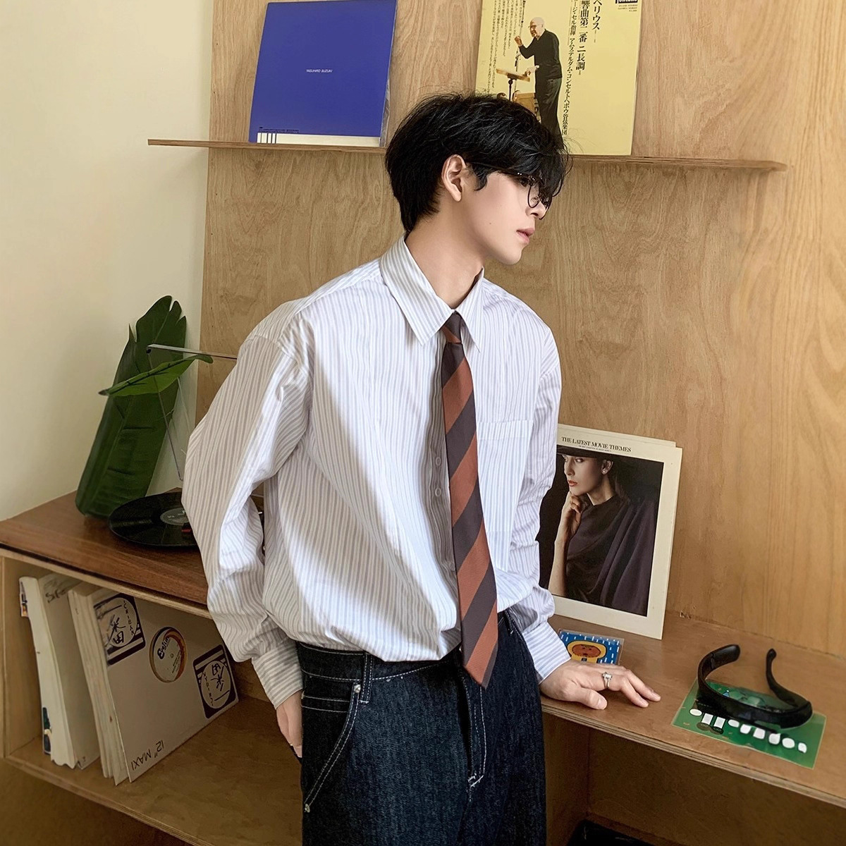 봄, 가을 스트라이프 셔츠 남성 긴팔 루즈 인 일본 복고풍 하이 엔드 캐주얼 대학 DK 셔츠 재킷