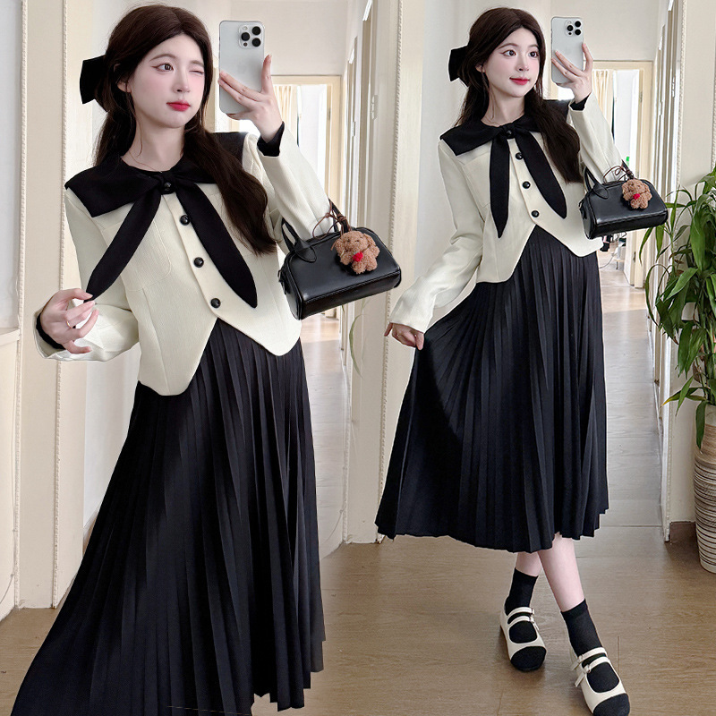 임산부복 2024년 봄 가을 드레스 임산부복 프랑스 기질 네이비 칼라 투피스 슈트 아우터웨어 서양식 스커트