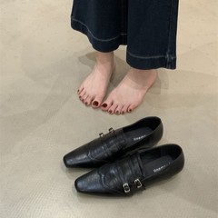 复古小方头低跟一脚蹬小皮鞋2025秋季法式英伦风乐福鞋深口单鞋女