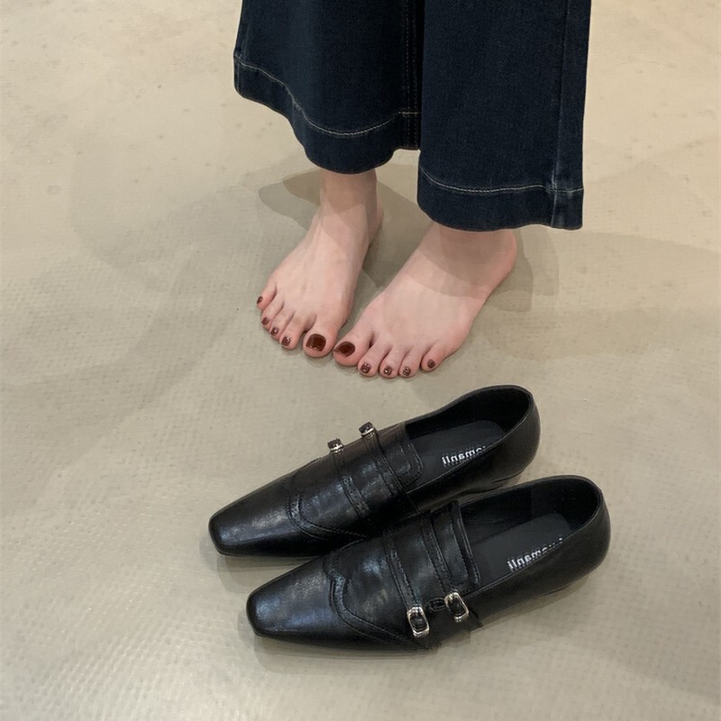 复古小方头低跟一脚蹬小皮鞋2025秋季法式英伦风乐福鞋深口单鞋女|undefined