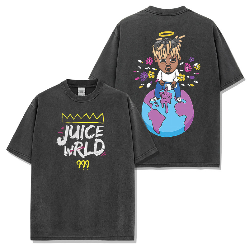 Cross-border American Hip-hop Juice WRLD Printed Washed Short-sleeved T-shirt Loose Round Neck Casual Hooded Sweatshirt for Men Cross-border American Hip-hop Juice WRLD Printed Washed Short-sleeved T-shirt Loose Round Neck Casual Hooded Sweatshirt for Men