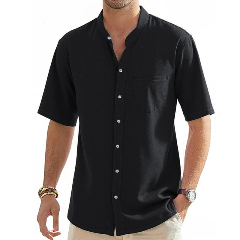 Cross-border Foreign Trade Thin Men's Shirt Short-sleeved Shirt Half-sleeved Cotton and Linen Shirt Collar Casual Cardigan with Pocket for Men Cross-border Foreign Trade Thin Men's Shirt Short-sleeved Shirt Half-sleeved Cotton and Linen Shirt Collar Casual Cardigan with Pocket for Men