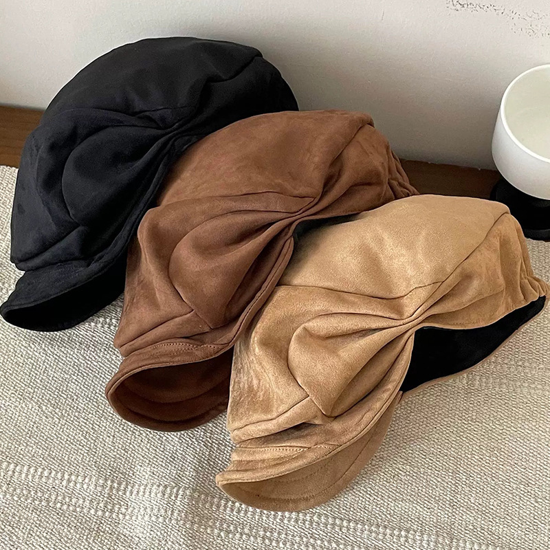复古麂皮绒褶皱贝壳帽秋冬韩系小众艺术家贝雷帽文艺显脸小报童帽|undefined