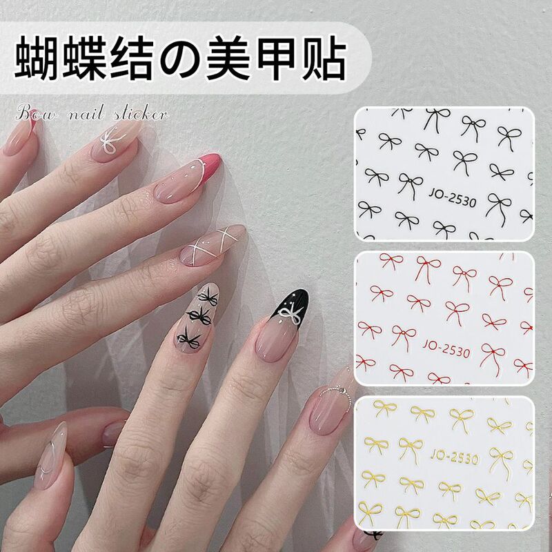 Tiktok Hot-Selling Six-Color Bow Nail Stickers, Spring Rain Style White Bow Press-On Nails with Adhesive Backing
