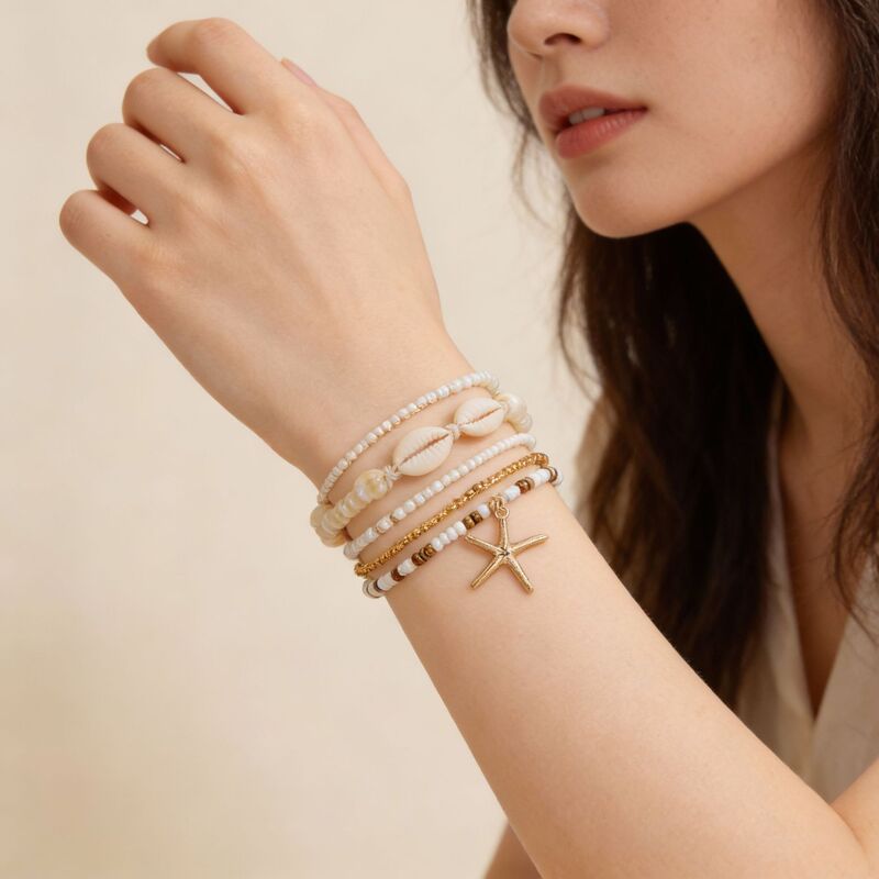 Ins Bohemian Shell and Starfish Beaded Bracelet, Multi-Layered Seed Bead Bracelet, Summer Fresh 7-Piece Set