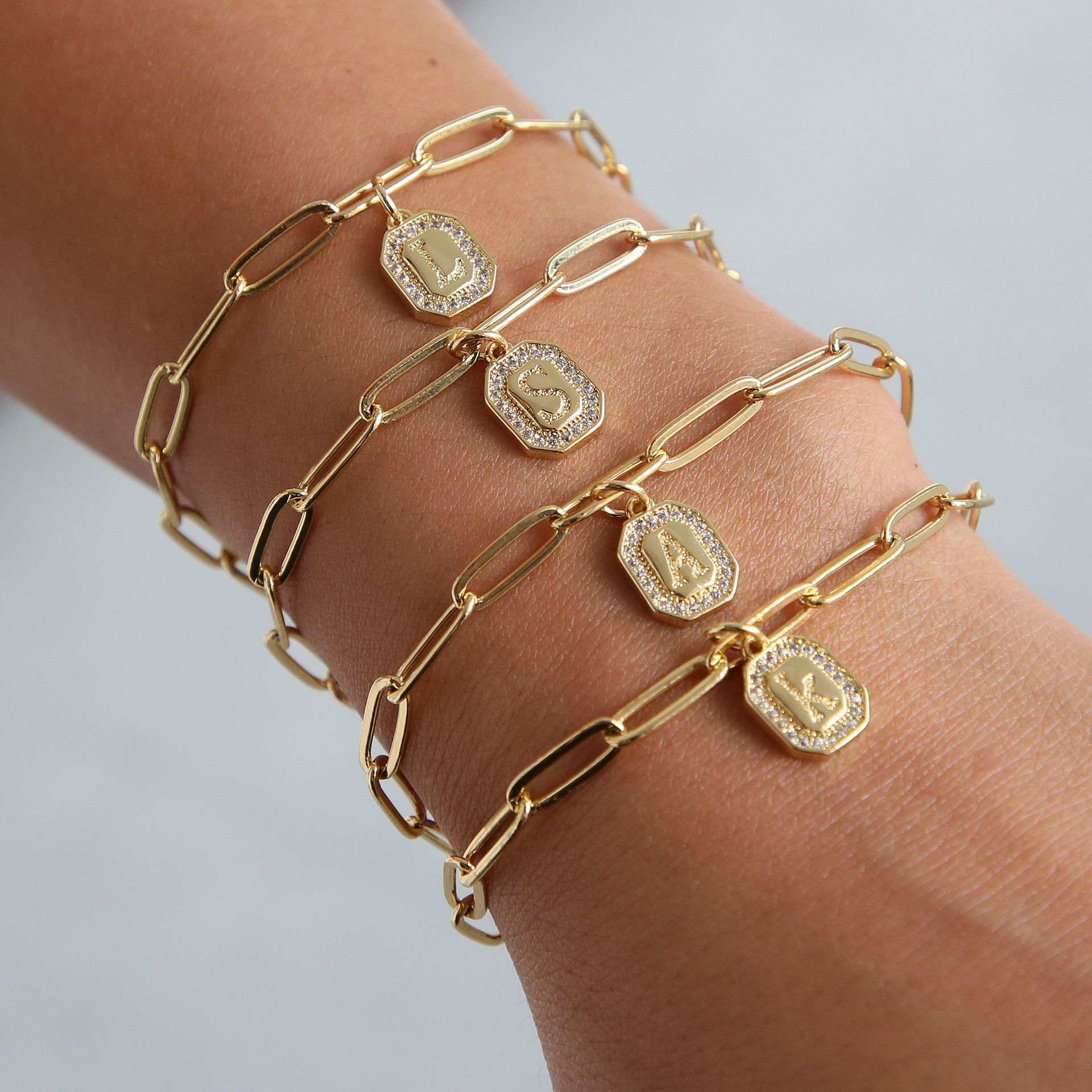 IG Style Simple Style Letter Brass Zircon Paperclip Chain Bracelets In Bulk display picture 1