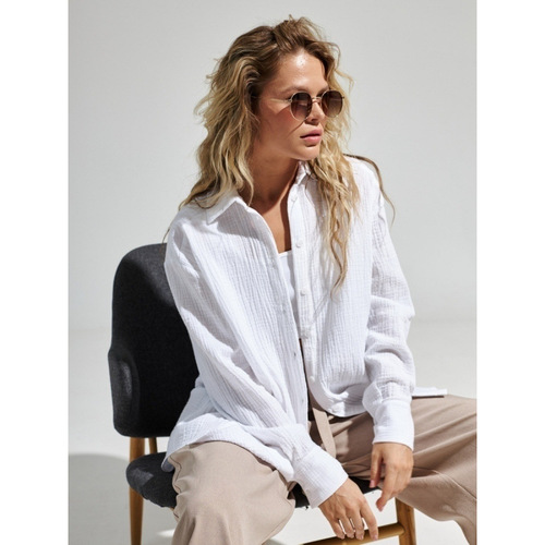 Cross-border pure cotton crepe shirt, European and American style, 2025 summer new style women's comfortable loose elegant polo shirt blouse