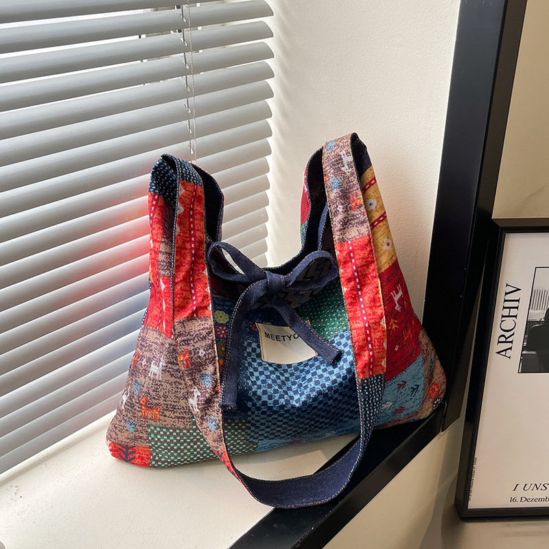 Bolsa de vaqueros de doble cara de gran capacidad, bolsa de hombro de estilo nacional de primavera y verano, bolsa de compras de moda de nicho, bolsa de viento perezosa