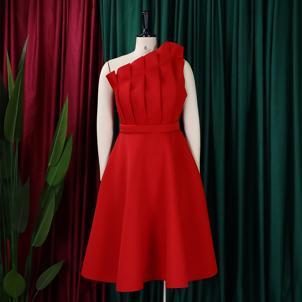 D3200 Plus Size Women's Summer Sexy Asymmetrical Neckline Ruched High Waist Party Evening Cross-border Dress_ecoleips.com