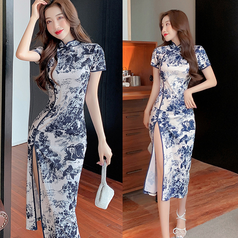 2026 Summer New Sexy Retro Girly Floral Slim Fit Mid-Length Dress Improved Cheongsam Dress 5506