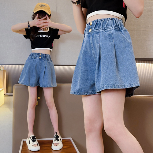 Girls' denim shorts, summer style, children's summer clothes, girls' outer wear, baby loose, thin, medium and large children's pants, trendy
