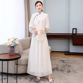 新中式国风七分袖雪纺衬衫女士夏季2025新款禅意茶服唐装汉服上衣