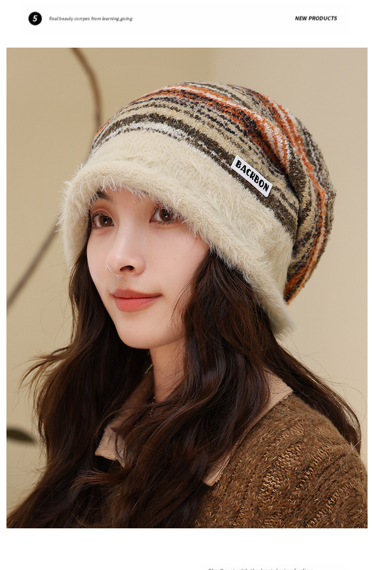 Cappello invernale da donna in maglia a blocchi di colore, stile coreano, stile retrò, con protezione per le orecchie, versatile e caldo, a righe_voghion.com
