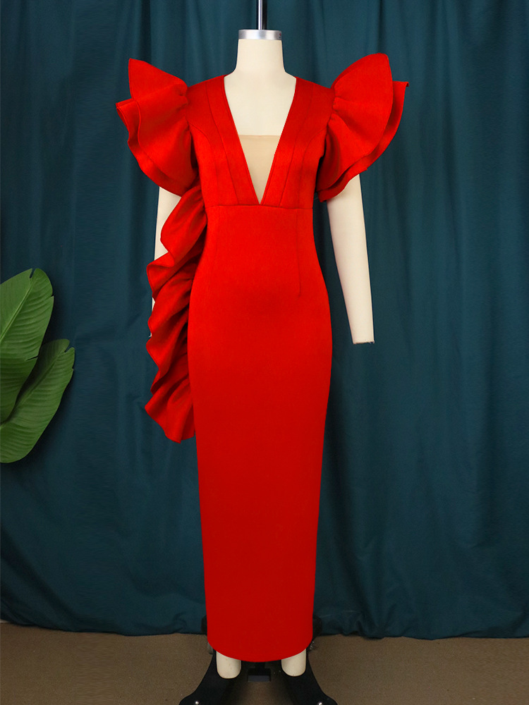 Women's Clothing deep V sexy low cut dress plus size ruffled banquet dress _voghion.com