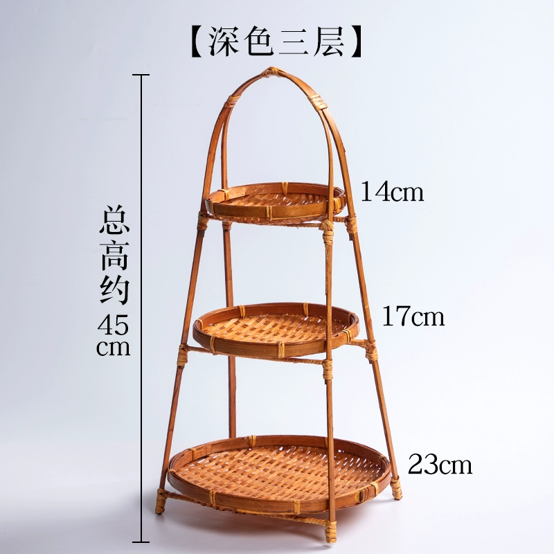 Bamboo small basket with round handle, tea and fruit basket, pastry tray, creative small bamboo basket, multi-layered bamboo basket