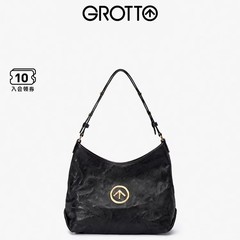 GROTTO ブラックストーンホーボーバッグトレンディな植物タンニンなめしシープスキン脇の下ショルダークロスボディバッグトートバッグ通勤レディースバッグ