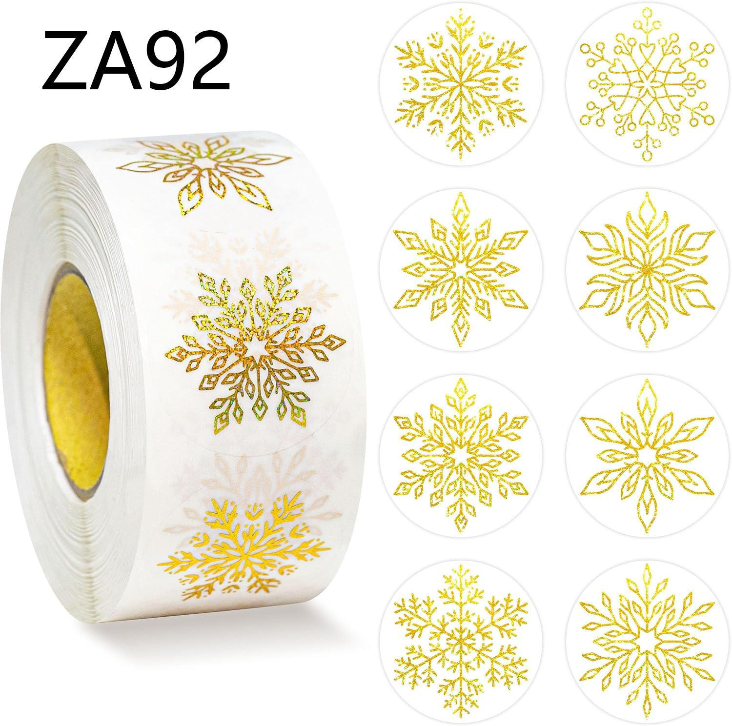 500张金箔雪花贴纸卷透明全息圣诞标签圆形自粘圣诞节冬季信封贴