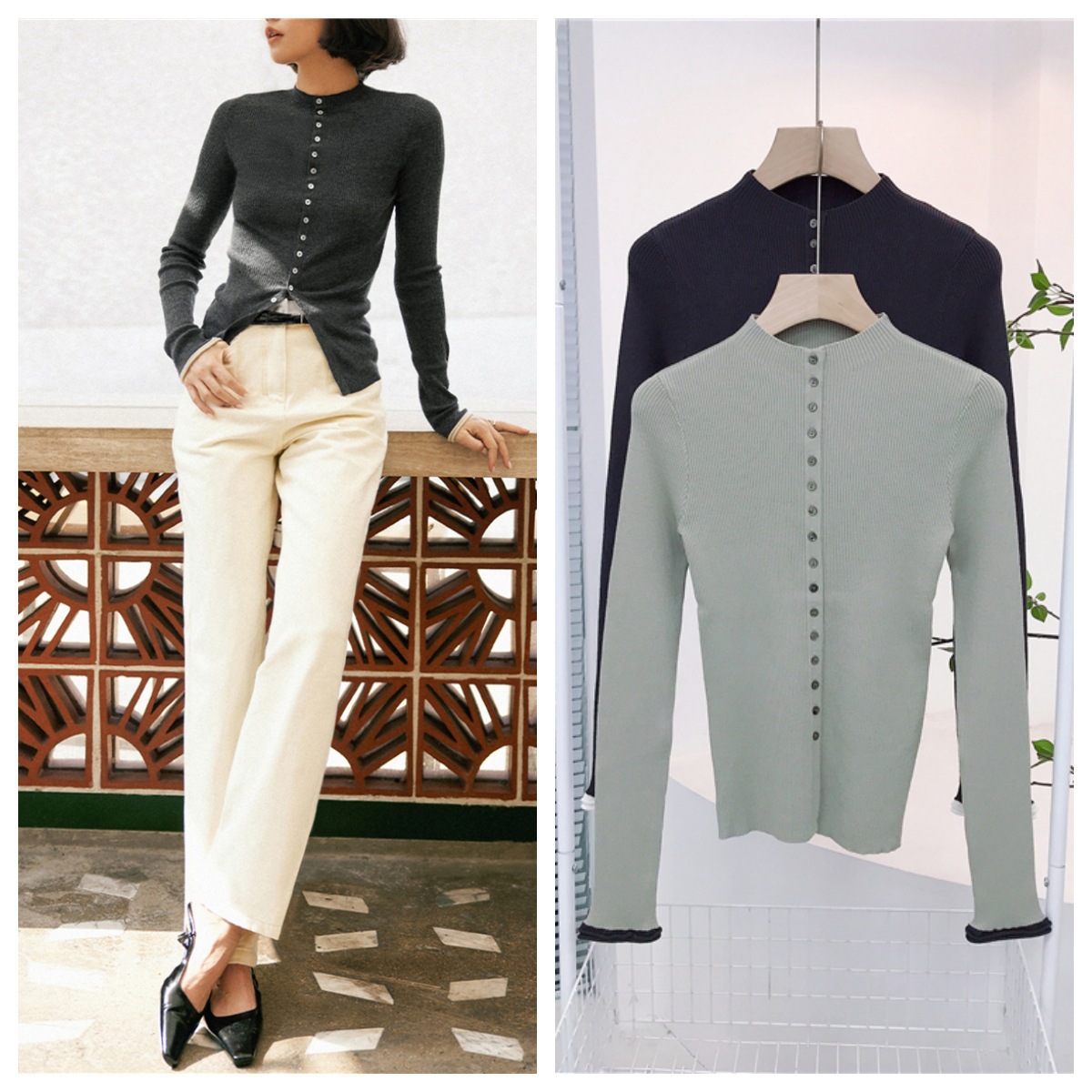 7809春季14针高捻棉知性港味半高领贝壳扣撞色开叉设计开衫上衣