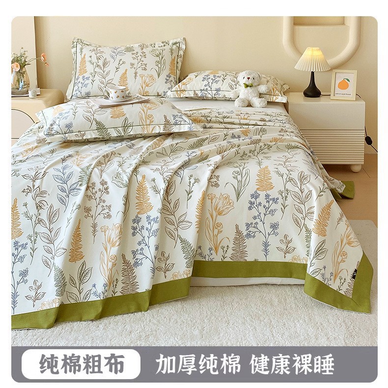 Ropa de cama de tela gruesa vieja de algodón puro, una sola pieza 2025 nueva funda de almohada de edredón impresa de verano, un solo traje de tres piezas