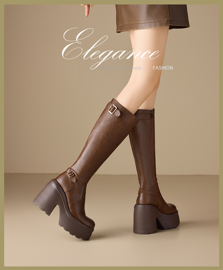 Boot nữ cổ thấp gót dày 12 cm phong cách Anh, đi xe máy — nhung nâu chi tiết 1