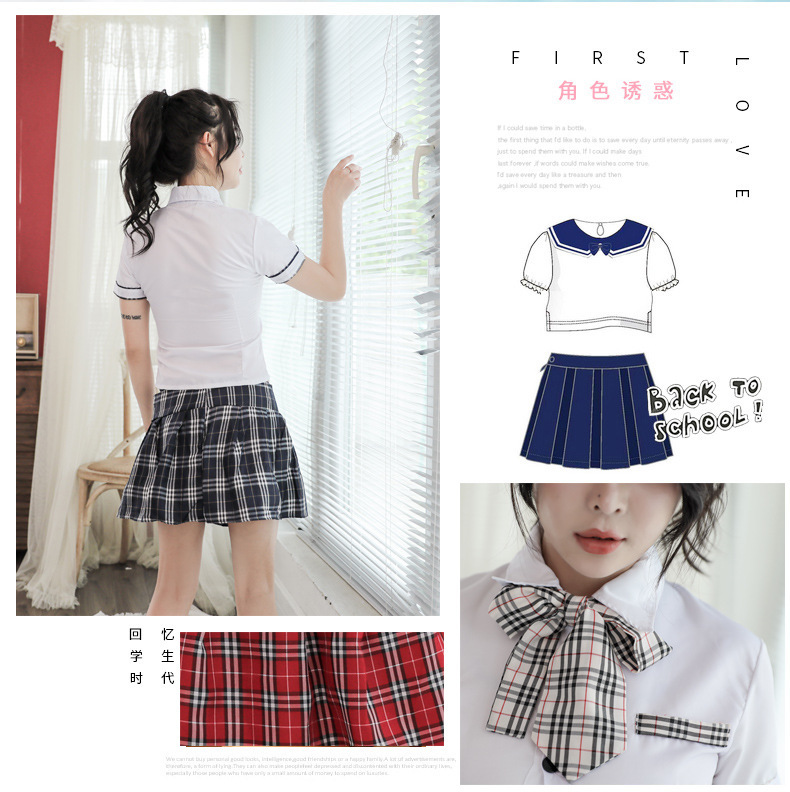 British Plaid Student Uniform Costume Set with Top, Tie and Skirt — detail image 3