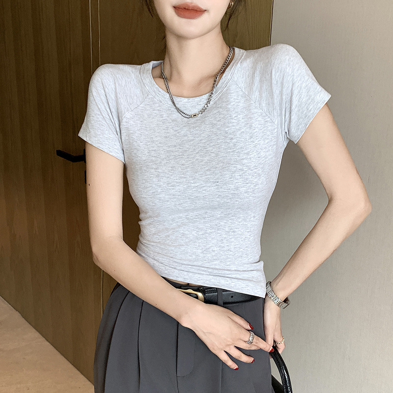 H105肩袖丸襟正肩半袖tシャツ女性夏ギャル紫デザイン感スリム着痩せ上着|undefined