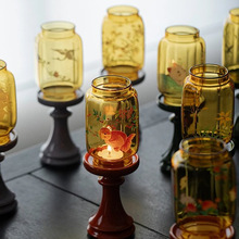 玻璃烛台家用新中式复古摆件香薰蜡烛台茶道氛围灯配件