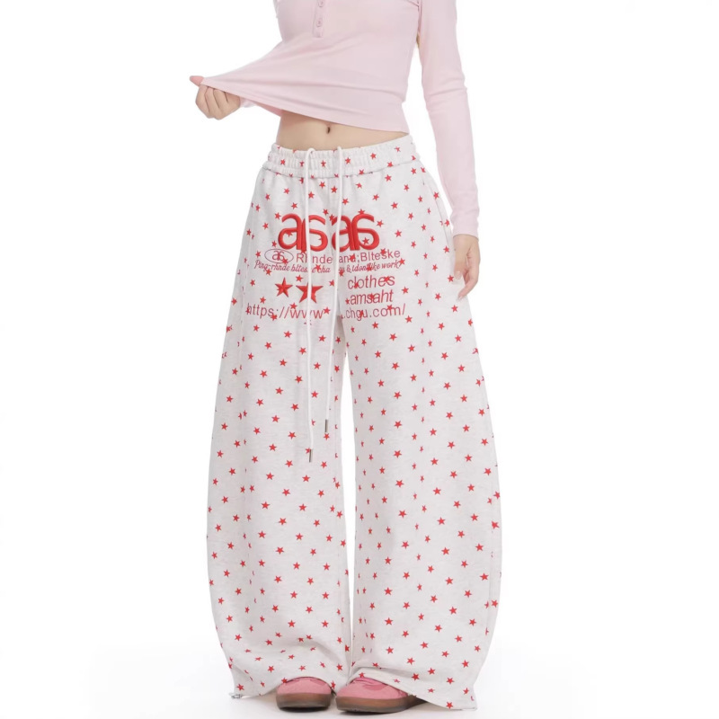 Cute Five-Pointed Star Embroidery Casual Pants for Men and Women 2026 Autumn and Winter High-Waisted Loose Fashion Wide-Leg Sweatpants Wholesale